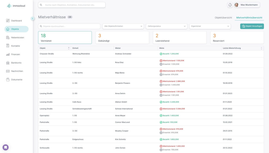 Mietübersicht immocloud Detail