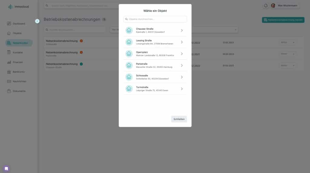 Nebenkostenabrechnung Auswahl Objekt