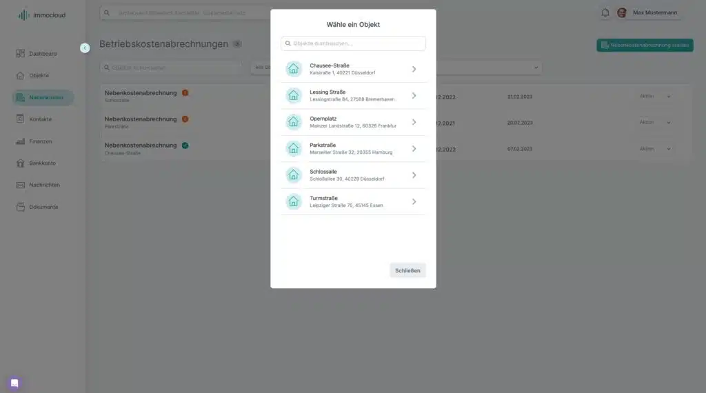 Nebenkostenabrechnung Auswahl Objekt