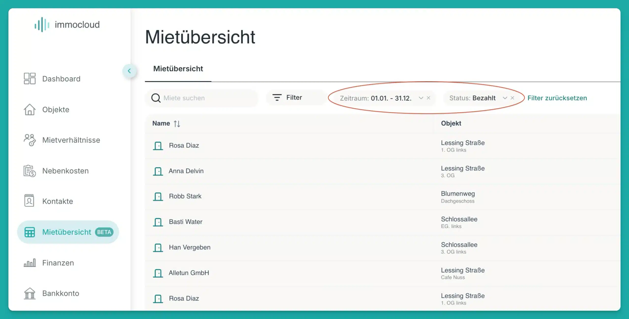 Filter in der Mietübersicht