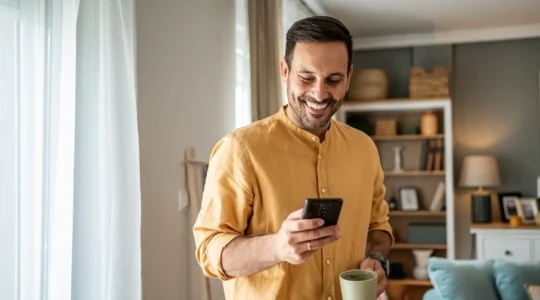 Mann mit Smartphone in seinem Wohnzimmer