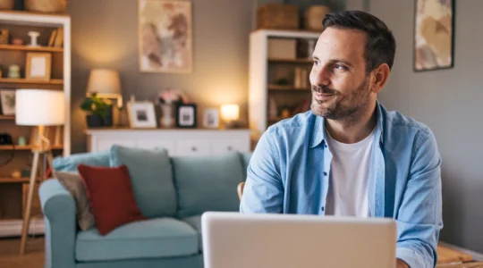 Mann mit Laptop in seinem Wohnzimmer