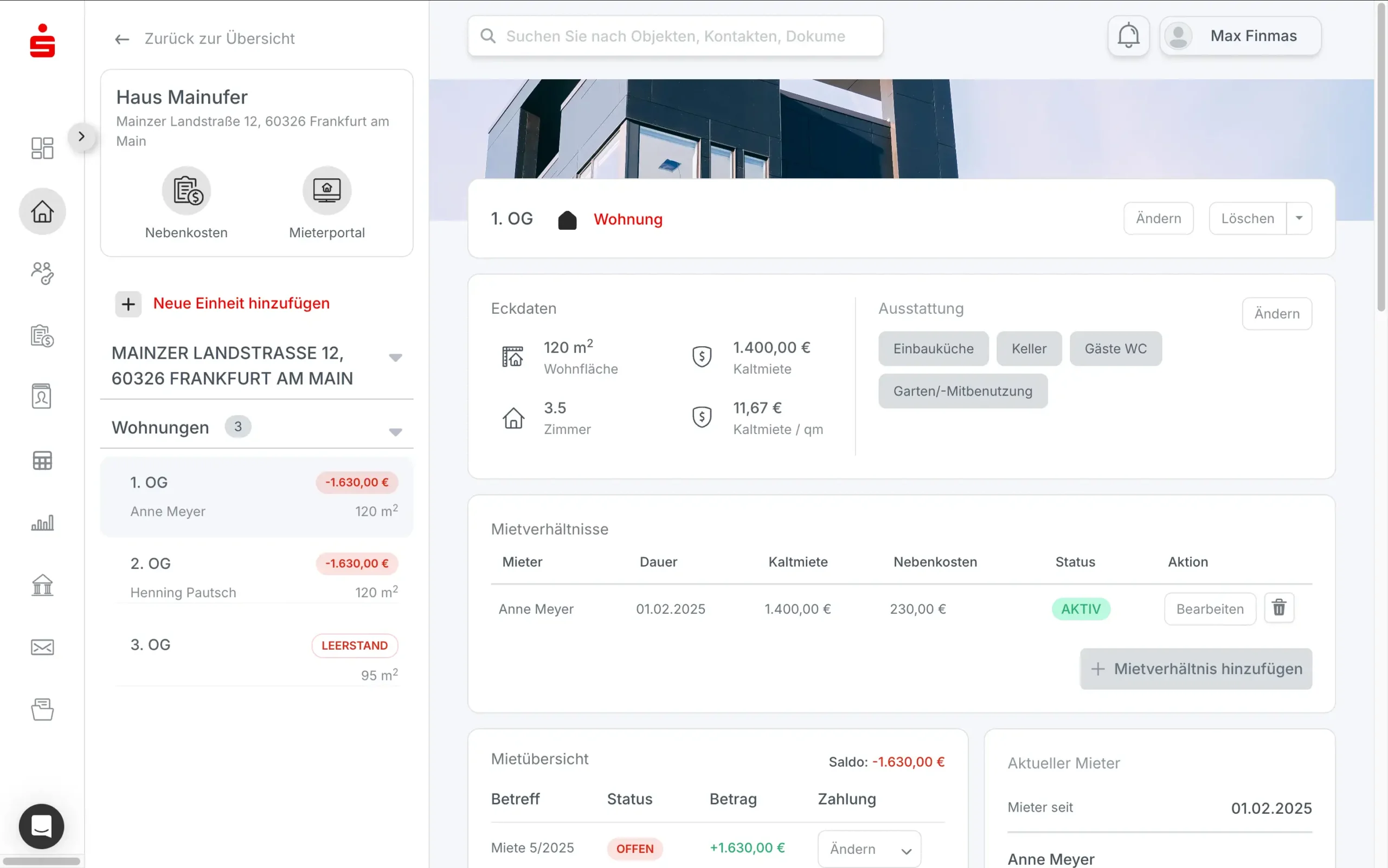 Ansicht einer Einheit im Cockpit Immobilie