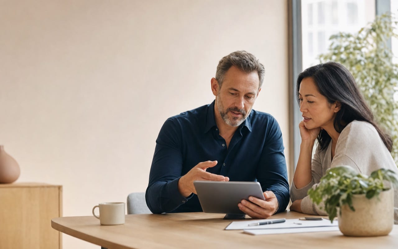 Family-Office-Verwalter und Mandantin besprechen den Immobilienbestand am Tablet mit immocloud