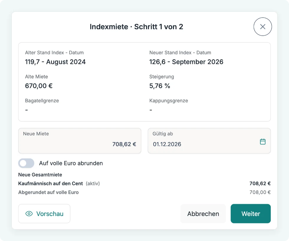Indexmieten-Assistent, Schritt 1: alter und neuer Indexstand, alte Miete, Steigerung, neue Miete und Gültig ab