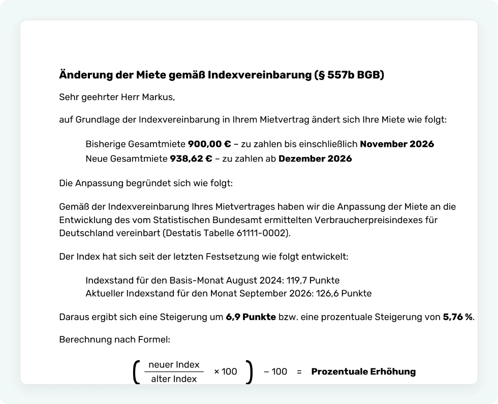 Erhöhungsschreiben an den Mieter mit der Berechnung der neuen Miete