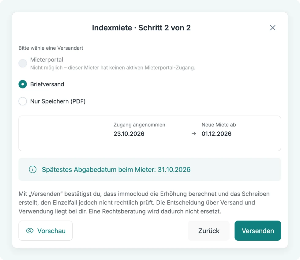 Indexmieten-Assistent, Schritt 2: Versandart wählen und Datum der neuen Miete