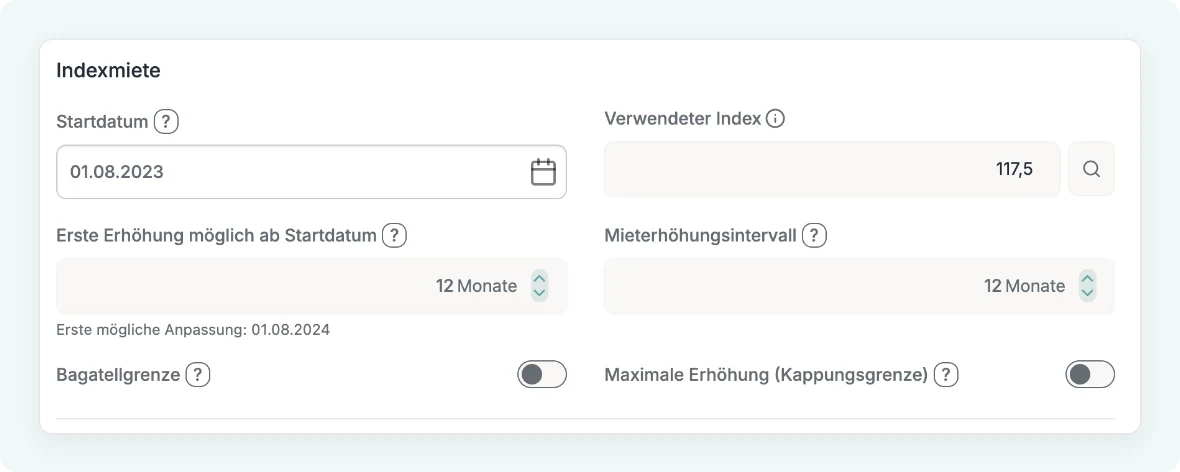Block „Indexmiete“ in den Vertragsdetails des Mietverhältnisses