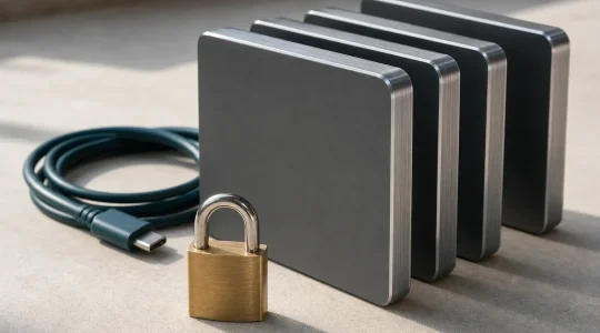Vier unbeschriftete Datenträger nebeneinander auf heller Fläche, davor ein geschlossenes Messingschloss