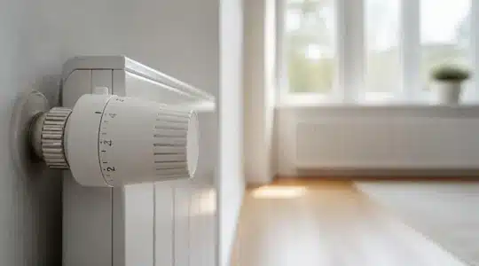 Heizkörperthermostat in einer hellen Wohnung, im Hintergrund ein weiterer Heizkörper am Fenster