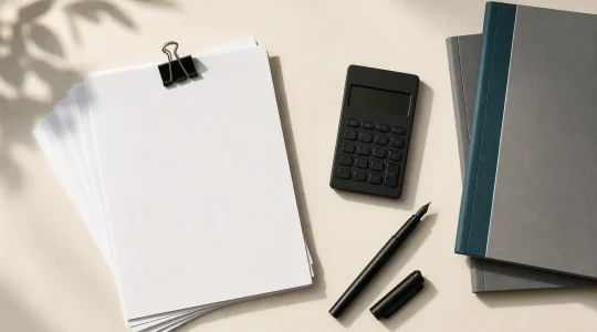 Aufsicht auf einen Schreibtisch mit einem Stapel Rechnungen, Taschenrechner, Füller und Dokumentenmappen