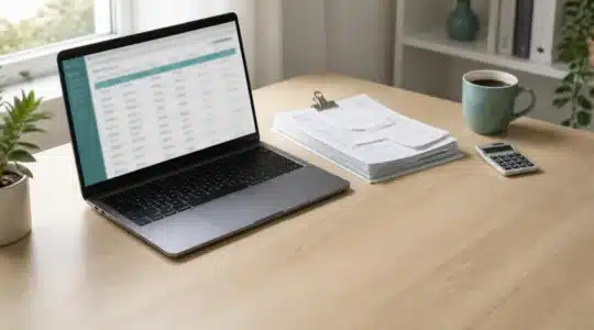 Schreibtisch mit Laptop und geordneten Belegen für die Nebenkostenabrechnung