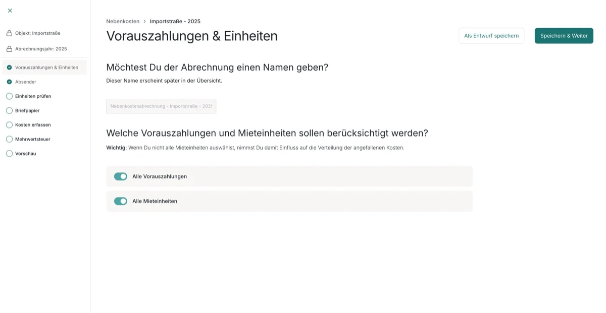 Der neue Assistent für die Nebenkostenabrechnung mit den einzelnen Schritten in der linken Leiste