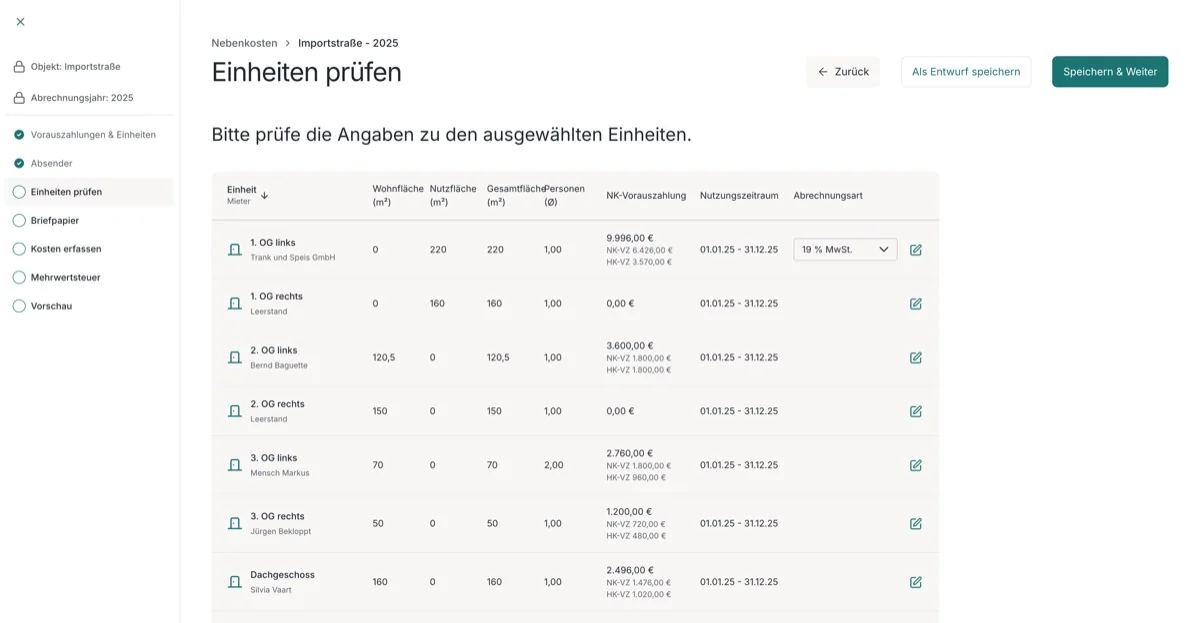 Schritt Einheiten prüfen mit Wohnfläche, Nutzfläche, Gesamtfläche, Personen und Vorauszahlungen je Einheit