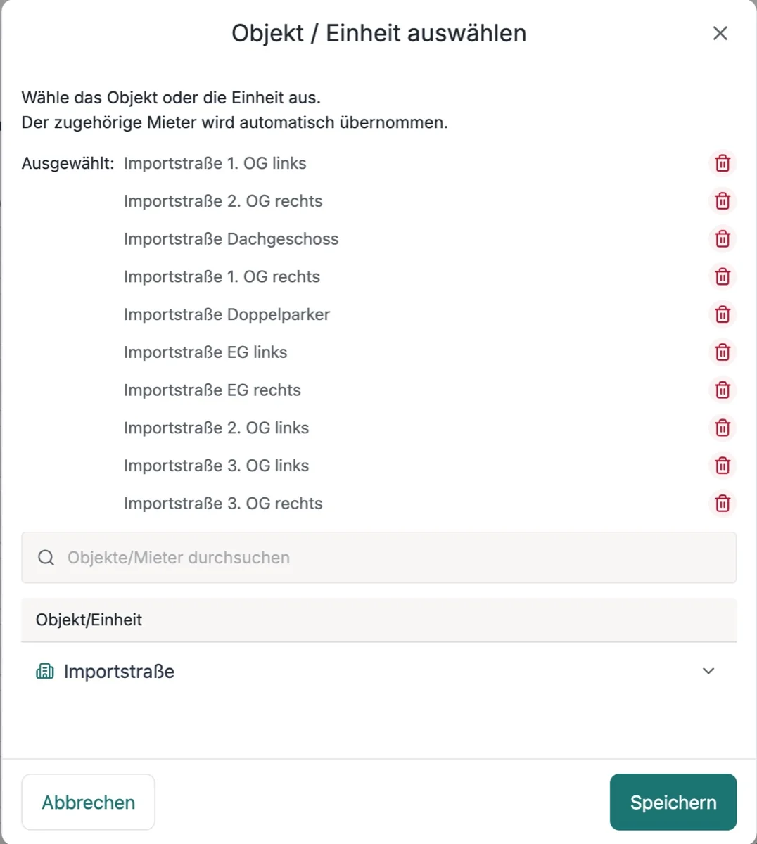 Dialog Objekt / Einheit auswählen, in dem du die Einheiten für eine Kostenposition festlegst