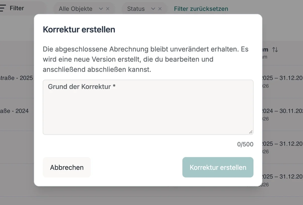 Dialog Korrektur erstellen mit dem Pflichtfeld Grund der Korrektur