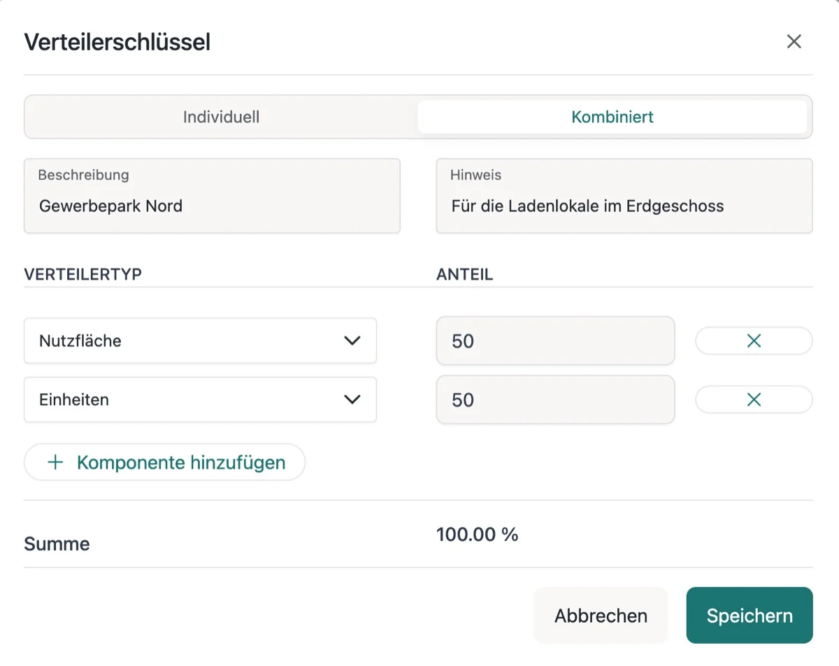Dialog Verteilerschlüssel im Reiter Kombiniert mit 50 Prozent Nutzfläche und 50 Prozent Einheiten